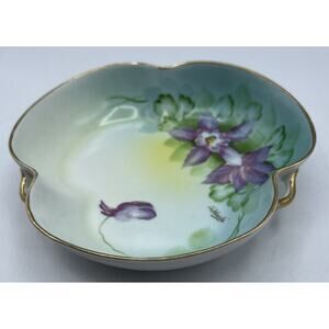 Candy Dish ceramic Meito China Hand Painted Japan Purple Iris Signed S. Moeda